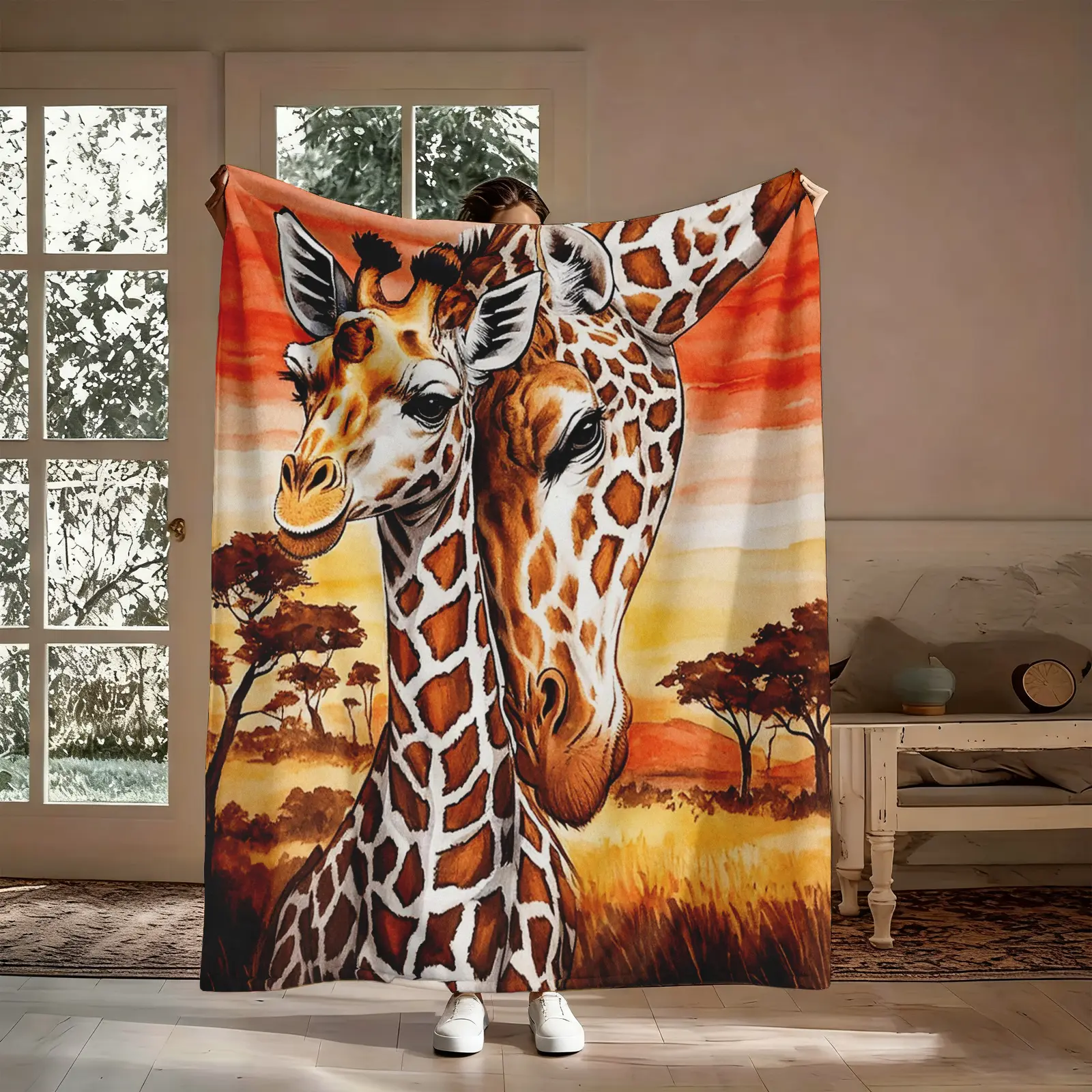 African Savanna Giraffe Sunset Pattern Blanket, 1 Count Soft Warm Flannel Throw Blanket, Cozy Nap Blanket for Home Office Travel