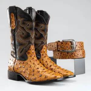 Combo Cowboy Square Toe Imitation Ostrich Boot Premium Leather