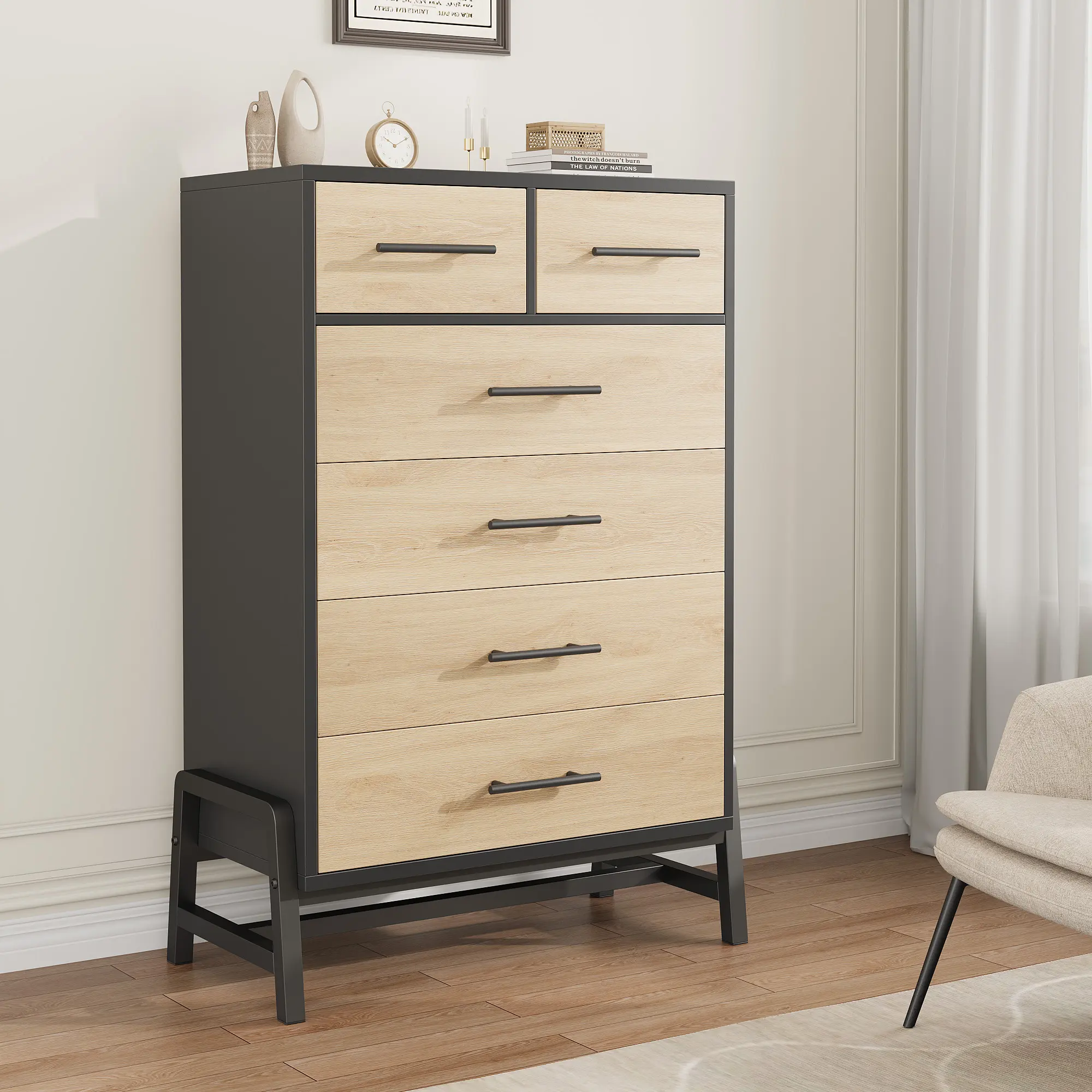 Tall Engineered Wood Entryway Storage Cabinet with 6 Deep Drawers (4+2), Vertical Slim Waterproof Top Freestanding Dresser for Bedroom, Foyer, Six Deep Drawers