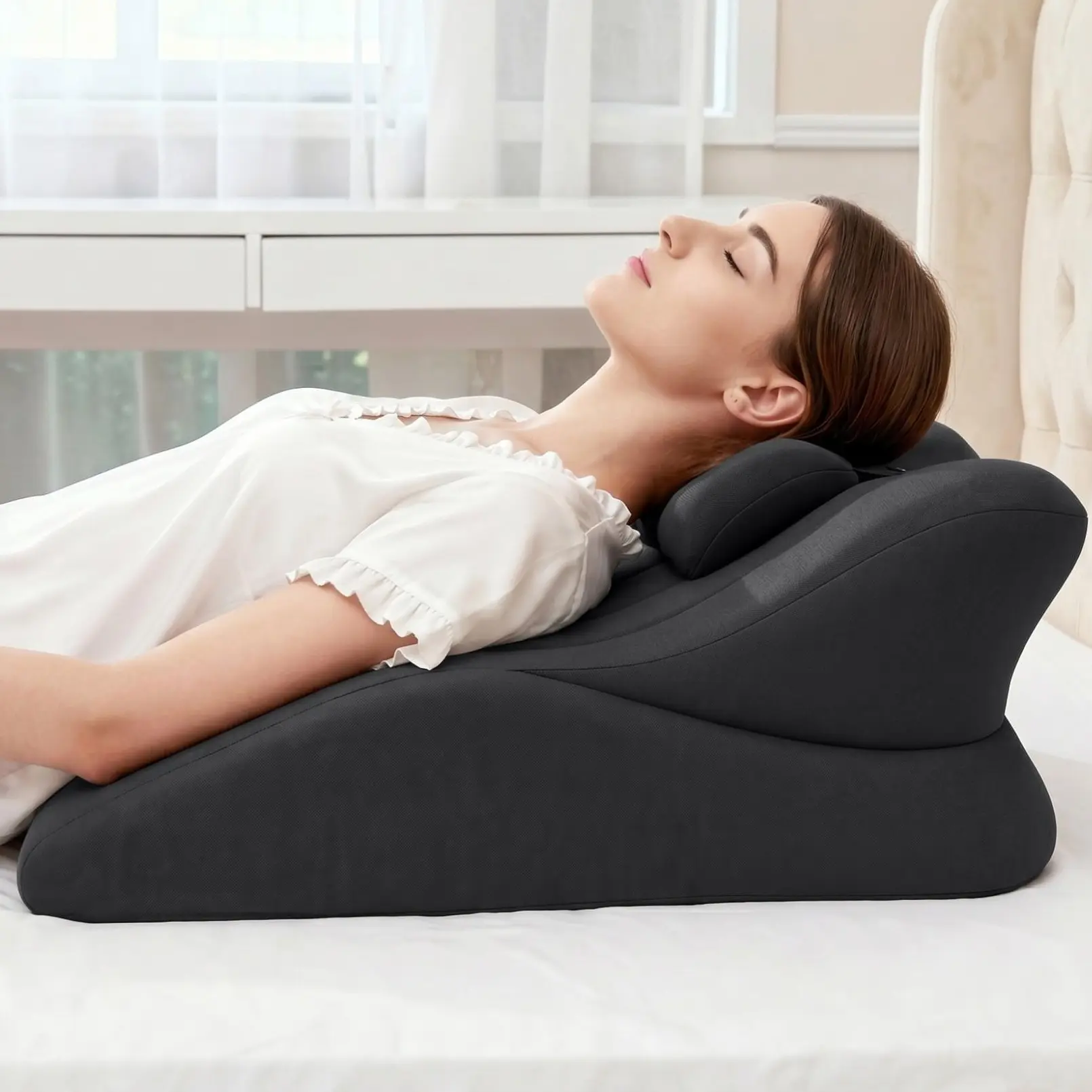 Eyisean 22" Comfy Memory Foam Ergonomic Support Pillow, Modern Face Down Bed Pillows with Removable Headrest, Polyester Blend Contoured Lounger Cushion for Back & Lumbar, Multi Purpose Bed Rest Reading Pillow for Lying, Prone Postures, Bedroom