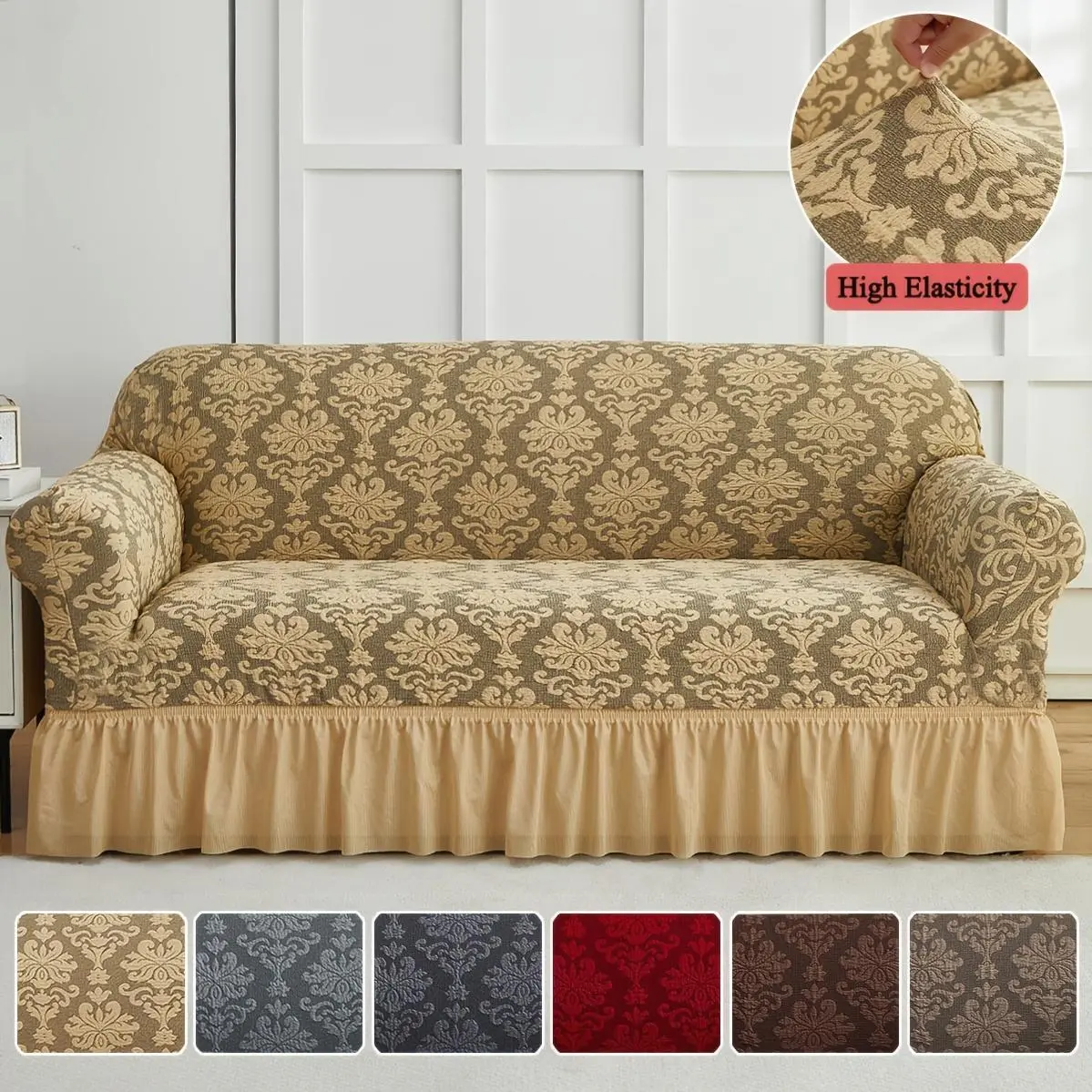 1pc 3D Textured Floral Design Stretch Sofa Cover with Ruffled Skirt, Raised Floral Couch Slipcover for 1/2/3/4 Seater Sofa, Washable Full Coverage Furniture Protector for Living Room