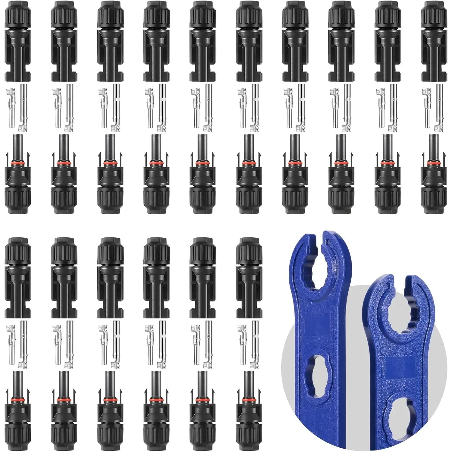 32 PCS Durable Reliable MC4 Solar Panel Terminal Connectors Kit - 16 Male & 16 Female Push-Lock Tinned Copper Connectors, 2 Spanner Wrenches, IP67 Waterproof, 1000V 30A, 2.2*0.67in, 10AWG-12AWG PV Cable Compatible, Boat Use, Effortless Installation
