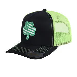 Embroidered St. Patrick'S Day Four Leaf Shamrock - 5 Panel Trucker Hat - Black/Green