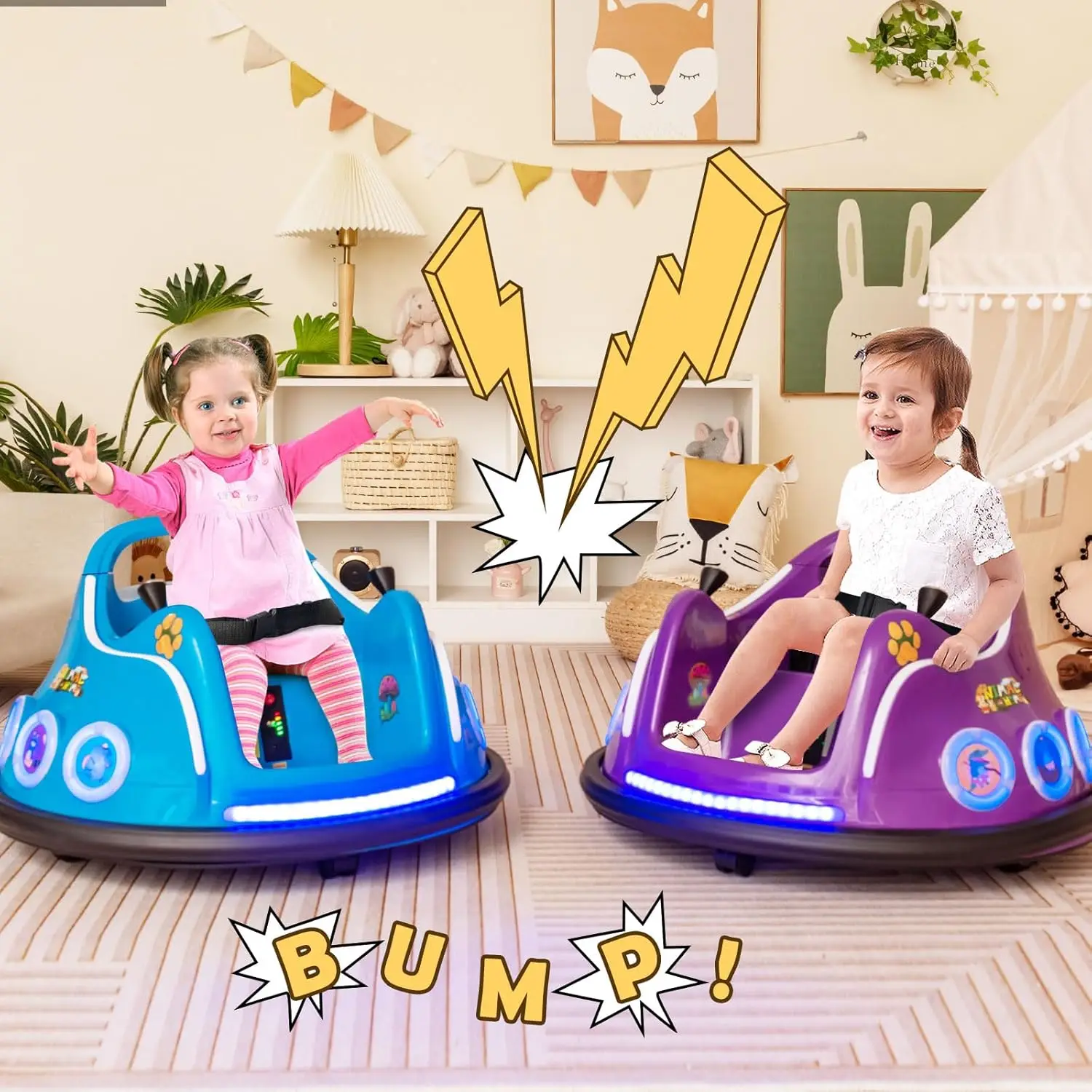 [Costway]- 12V Toddler Bumper Car, Dual Joysticks, Flashing LED Light & Music,360 Degree Spin, Electric Vehicle Ride on Toys, Gift for Boys Girls-Spri