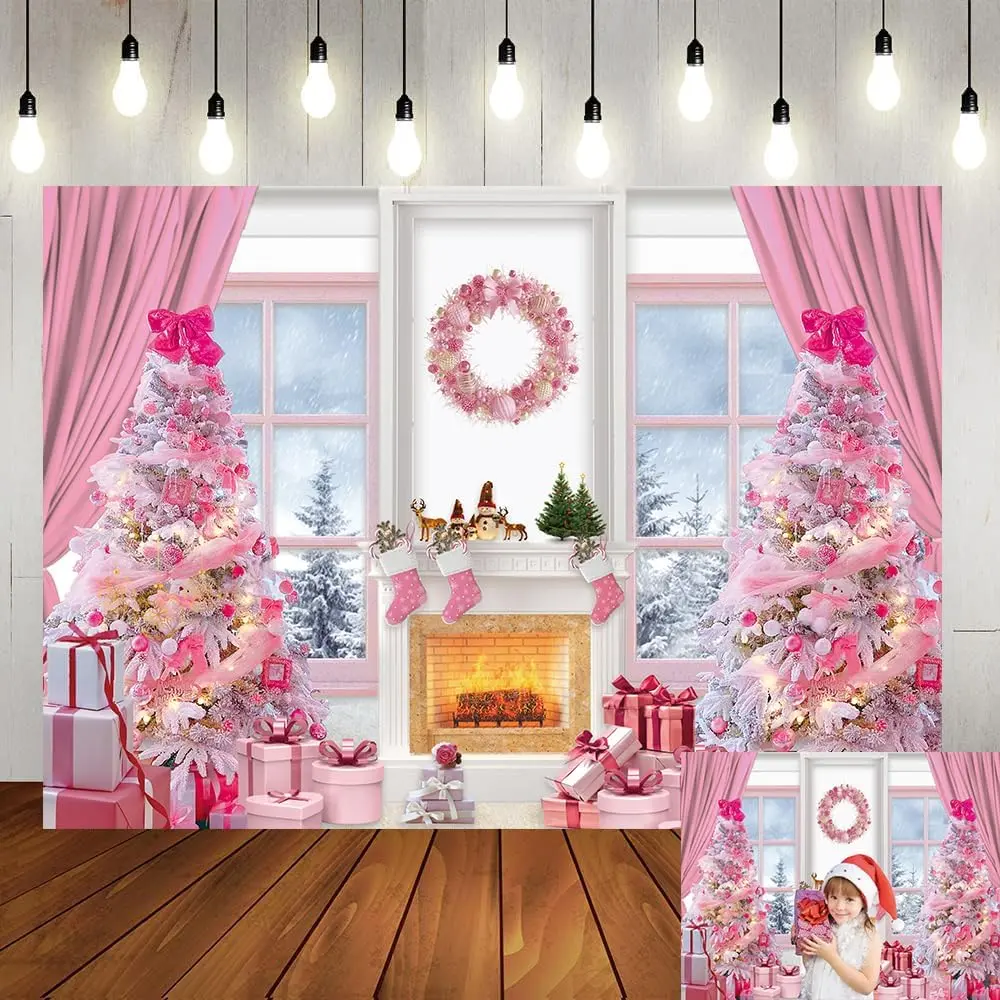 7x5ft  Christmas Backdrop Winter Snow Scene  Christmas Tree Fireplace Photography Background Christmas Party Decorations Photo Studio Props Pictures