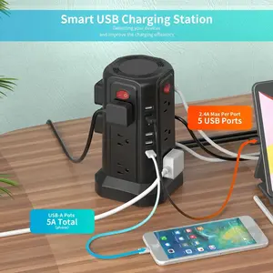 US Standard surge protector power socket, Multi-Switch Plug Extension Cord Power Outlet to USB with electric board ,10ft (3m) Extension Cord with 12 AC Outlets and 5 USB-A slots, for Home Office Dormitory