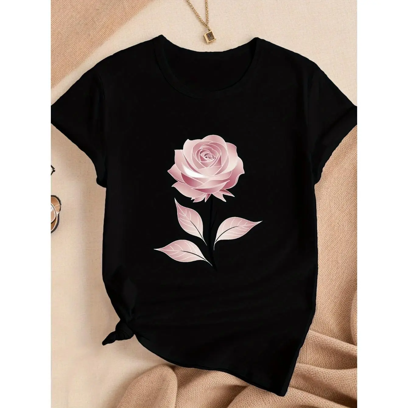 Women's Premium Cotton Graphic Sports Tee - Round Neck, Short Sleeve, High Def Floral Rose Thermal Print, Soft Breathable Fabric, Comfortable Fit, 3XL/4XL/5XL, Unisex Casual Streetwear Top, Women's Clothing, Clothes