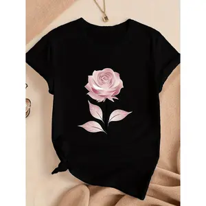 Elegant Women's Black T-Shirt with Pink Rose Illustration - 100%, Short Sleeve, Round Neck, Breathable & Soft |     Casual Summer Top Clothes Cotton