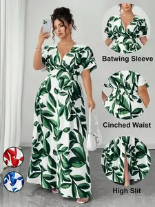 Plus Size Leaf Print Long Dress, Deep V Neck Short Sleeve High Waist Split Hem Slit, Elegant A-Line Women's Dress for Parties and Weddings