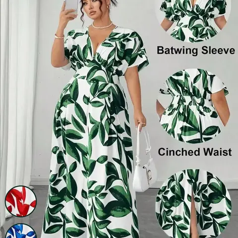 Plus Size Leaf Print Long Dress, Deep V Neck Short Sleeve High Waist Split Hem Slit, Elegant Chic A-Line Women's Dress for Parties and Weddings, Party Wedding Dress, Elegance
