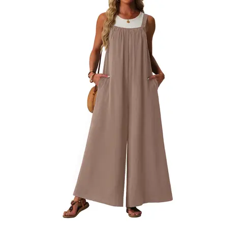 Lepunuo Womens Casual Jumpsuits Summer Boho Wide Leg Rompers Sleeveless Overalls Pleated Jumpers with Pockets