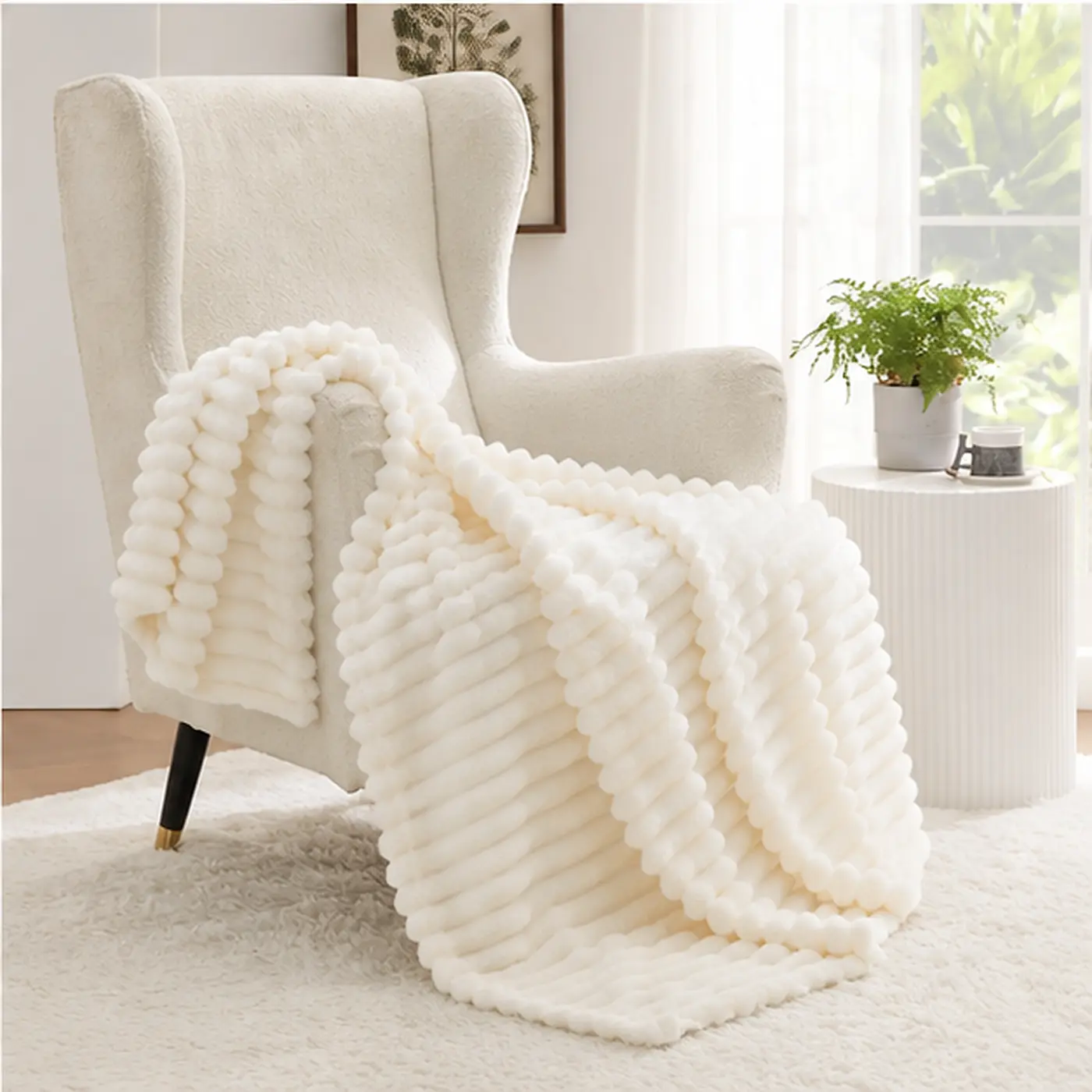 Plume Blanket - Ribbed Scalloped Throw Blanket, Ivory