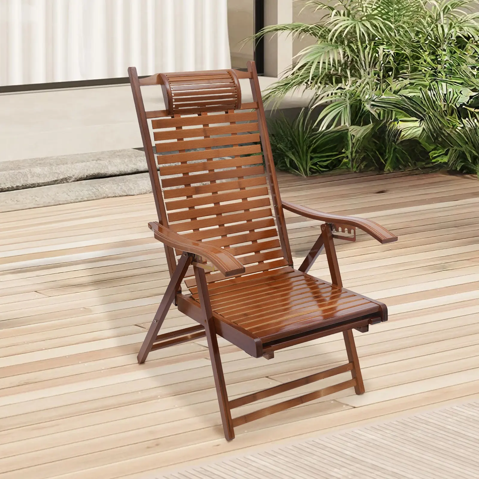 5 Gear Adjustable Bamboo Lounge Chair 160° for Beach Camping Garden