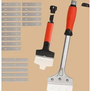 2-Piece Heavy Duty Glass Scraper Kit with 20 Blades - 4 Inch Razor Holder for Cleaning Paint, Caulk, Glue on Tiles, Walls - Long-Handle Industrial Floor Scraper Tool - Reusable, Durable Stainless Steel Blades