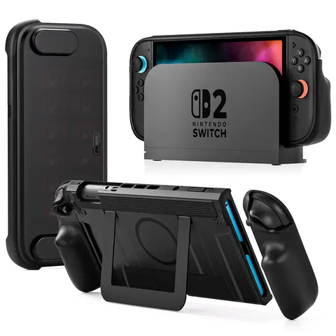 COOWPS P2 Dockable Split Protective Grip Case for Nintendo Switch - 2 Joy-Con Firm Lock, Hard Shell Travel Front Cover, 12 Game Card Slots, Ergonomic Grip, Stable Aluminum Alloy Kickstand, Magnetic Ring, All-Ages Protection (Family Birthday Gift Option) t