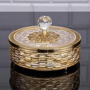 Metal Footed Candy Bowl with Glass Lid and Crystal Top, 6.3" Gold