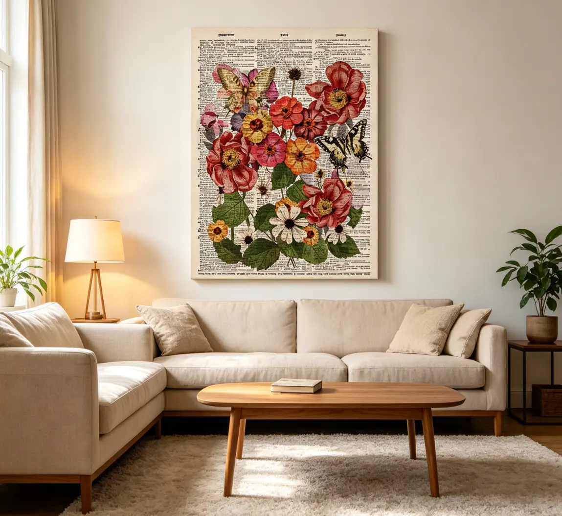 Antique Wildflower Dictionary Art Poster - Frame-Style Print with Cartoon, Plaid, Polka Dot Designs, Vintage Home Wall Decor for Wardrobe Area