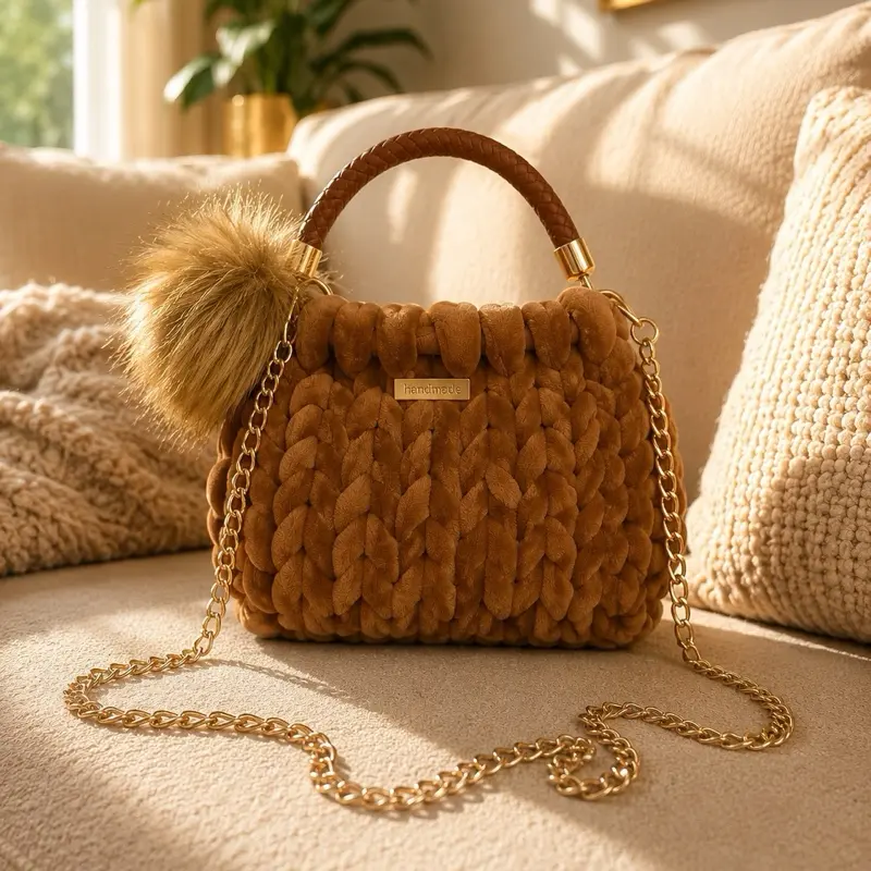 Luxe Caramel Chunky Knit Handbag with Gold Crossbody Chain