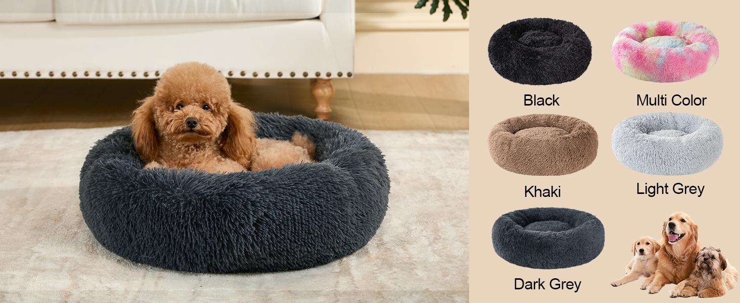 Dog Calming Beds for Small Medium Large Dogs - Round Donut Washable Puppy Dog Bed, Anti-Slip Faux Fur Fluffy Donut Cuddle Anxiety Cat Pet Bed(20" Dark Grey)