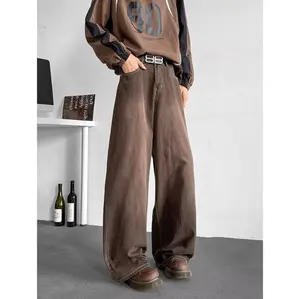 Mocha Brown Vintage Wide Leg Jeans, Loose Casual Denim Pants