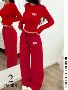 Women's Two-Piece Set, European Style Round Neck Long Sleeve Top, Straight Leg Drawstring Pants, Comfortable Fabric, Perfect for Daily Wear, Everyday, Travel, Shopping