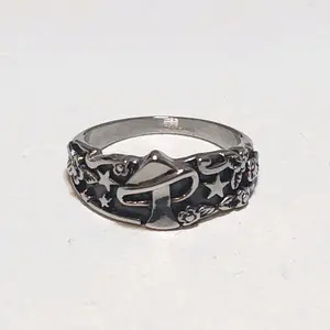 Thick Band Celestial Mushroom Ring -  Stainless Steel Forest Fantasy Jewelry with Engraved Mushrooms Stars and Moons for Nature Lovers