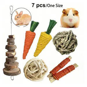 7-Piece Pet Teething Gift Set Rabbit & Hamster Chew Toy Combo Small Pet Play Set For Animal Holidays Rabbit Teething Toy Hamster Dental Care Toy Set Wooden Toy Collection Carrot Applewood Loofah Disc Grass Ball