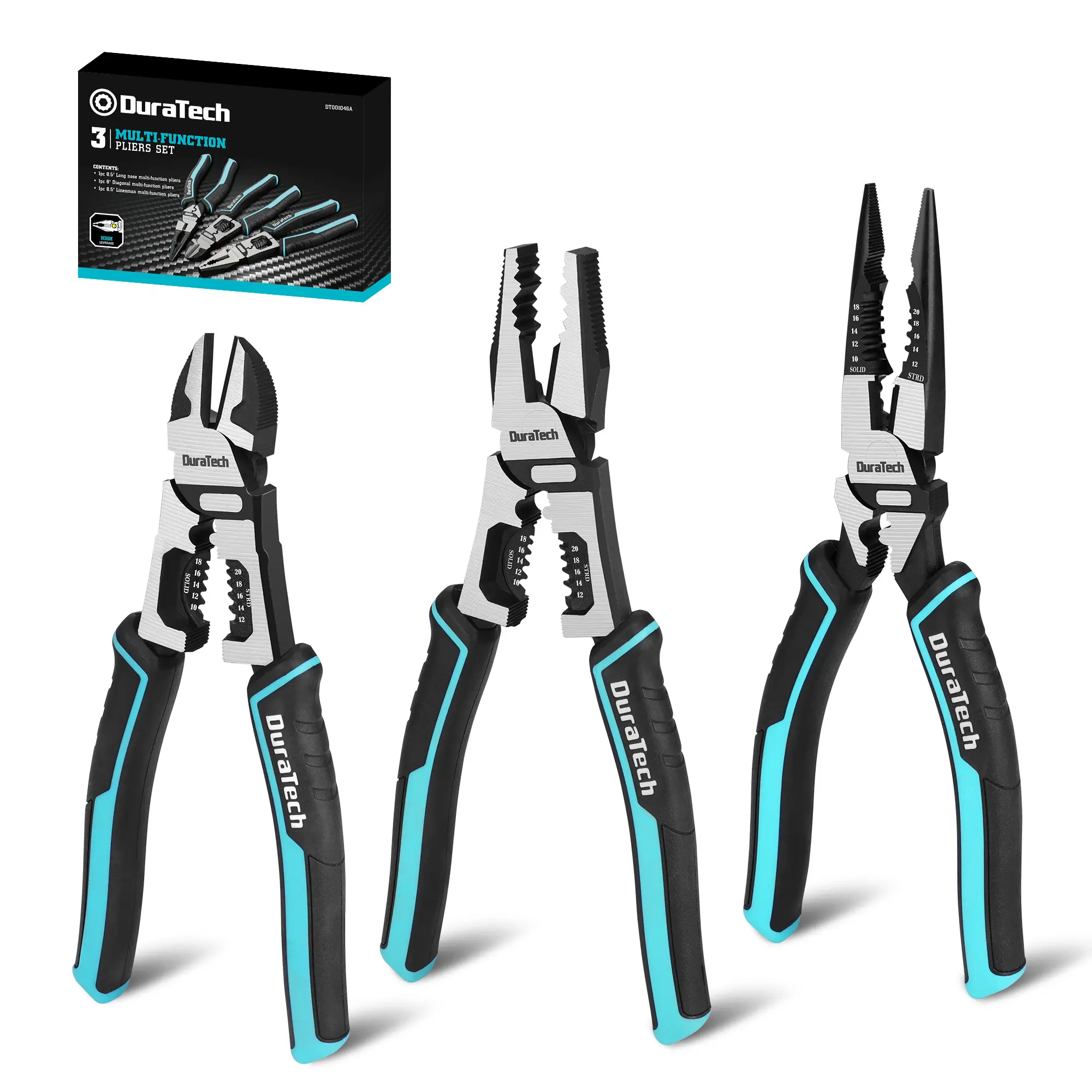 #summersale DURATECH 3PCS Pliers Set, Large 6 in 1 Multifunctional Wire Stripper Crimper Cutter, 8.5" Long Nose Pliers, 8.5" Linesman Pliers, 8" Diagonal Side Cutting