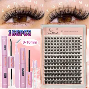 Natural Wispy Cluster Eyelash C02 Lashes Set 168PCS 8-16mm DIY Cluster Lash Extension with Bond & Seal and Remover Applicator and Lash Brushes For Eye Make Up and DIY LAsh Extension Cosmetic
