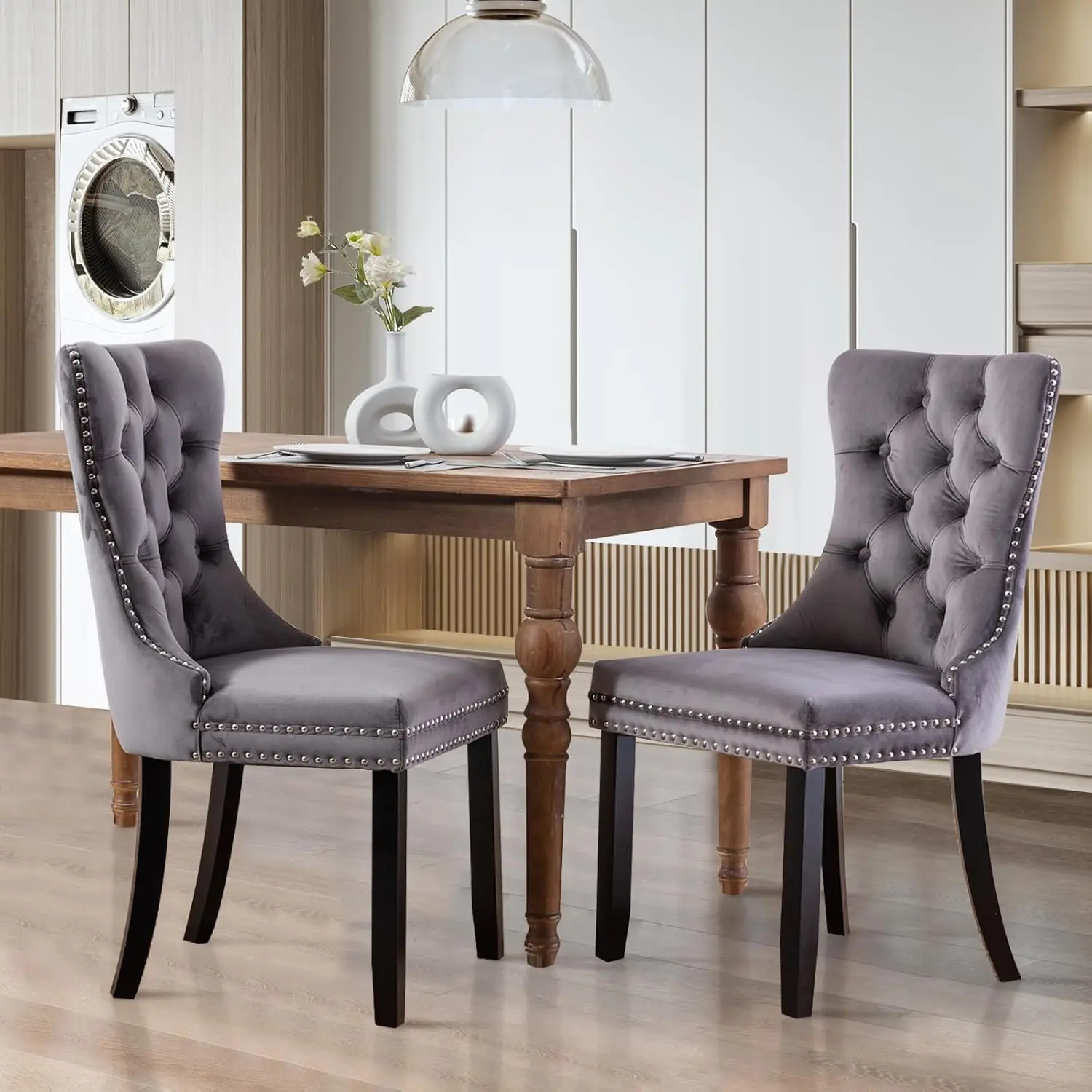 Velvet Dinging Chair Set of 2/4/6 Upholstered Tufted Dining Chairs with Nailhead Trim, Wood Legs, and Curved Design for Dining Room and Kitchen