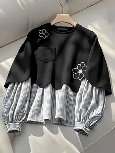 Loose Round Neck Long Sleeve Knit Patchwork Striped Floral Embroidery Pocket Casual Everyday Hoodie, Women's Comfortable Pullover Sweater Tops