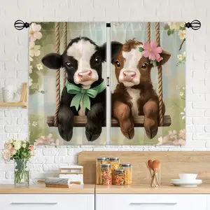 2-Piece Cow Print Swing Curtains, Fashionable Rod Pocket Window Drapes for Bedroom & Living Room, Comfortable Atmosphere, Easy Installation, Home Decoration Curtain, Window Decorations Supplies