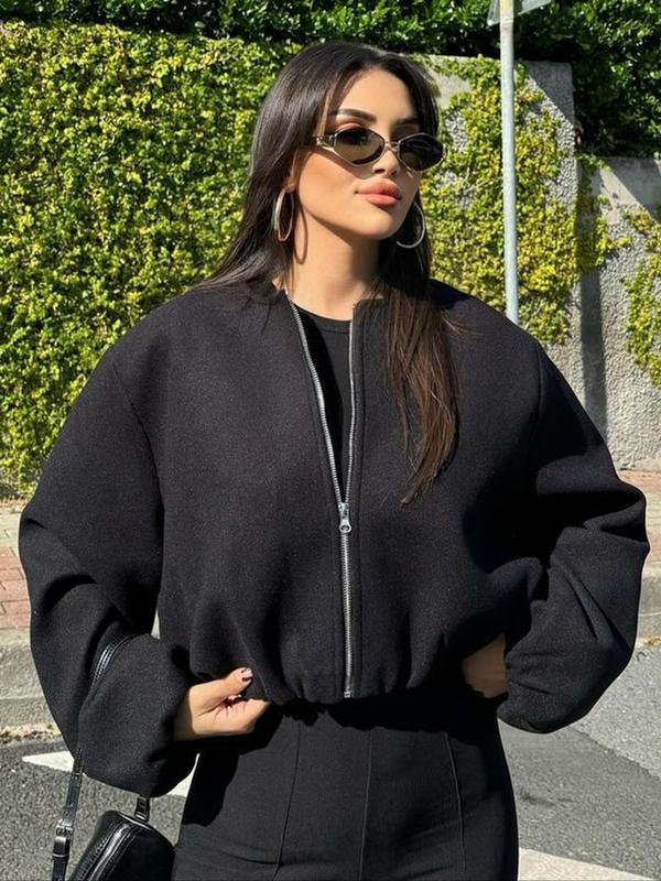 Women's New Oversized Bubble Sleeve Jacket, Zipper Bomber Jacket, Soft Casual Streetwear, Fashion Pilot Jacket, Spring & Fall Outerwear Women's New Oversized Bubble Sleeve Jacket, Zipper Bomber Jacket, Soft Casual Streetwear, Fashion Pilot Jacket, Spring & Fall Outerwear