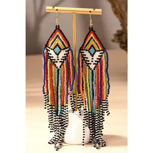 LA3accessories 6.5 inch Aztec seed bead statement drop earrings