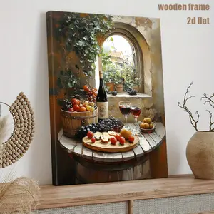 1 Piece Artistic, Country Style Wine and Fruit Still Life Canvas - Wooden Frame Wall Art, Including Grapes, Peaches, Wine Glasses and Barrel Background - Kitchen, Dining Room, Living Room Decoration - Housewarming Gift, Anniversary, Christmas Gift