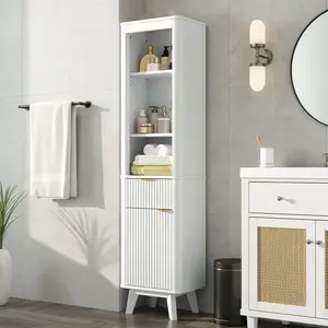 68" Modern Fluted Bathroom Linen Tower - Tall Storage Cabinet with Gold Hardware, Drawer, and Adjustable Shelves