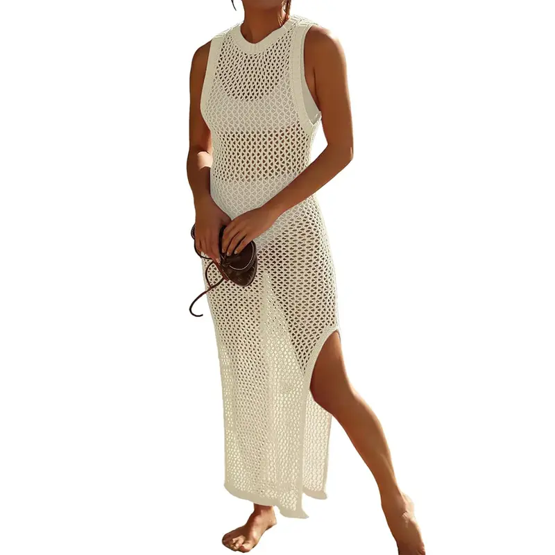 Bsubseach Sleeveless Crochet Knitted Swimsuit Cover Up - Lightweight Polyester Beachwear Coverups, Side Split Crochet Cover Ups, 1 Size for Summer Beach Pool, Hand Wash Only