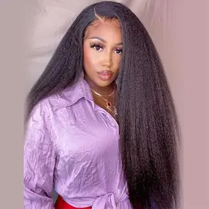 28 Inch Kinky Straight Wig Skinlike Yaki Straight Lace Front Wigs Human Hair 13x6 HD Lace Front Wigs Human Hair 200% Density Kinky Yaki Straight Lace Frontal Wigs for Black Women