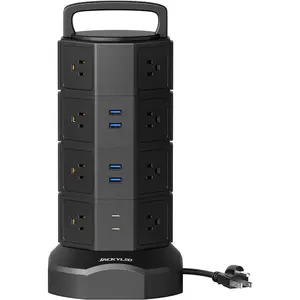 JACKYLED Power Strip Tower Surge Protector 16 Outlets 6 USB 2 USB C Charging Station 1050J 1625W 13A Outlet Extender 6.5Ft Cord for Home Office Compact Portable Design
