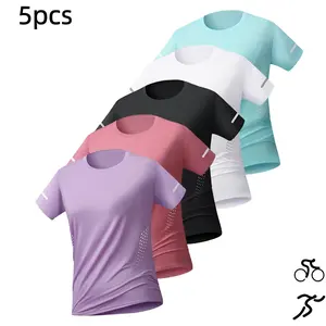 Set of 5 new women’s quick-dry sports T-shirts featuring reflective stripes; breathable athletic tops, lightweight for running, fitness, and yoga