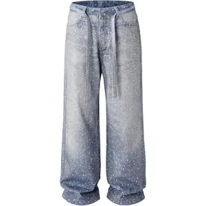 Men Baggy Rhinestone Jeans Wide Leg Denim Pants Vintage Sparkly Pearl Jeans Y2k Oversized Hip Hop Pants for Women(Sheets)