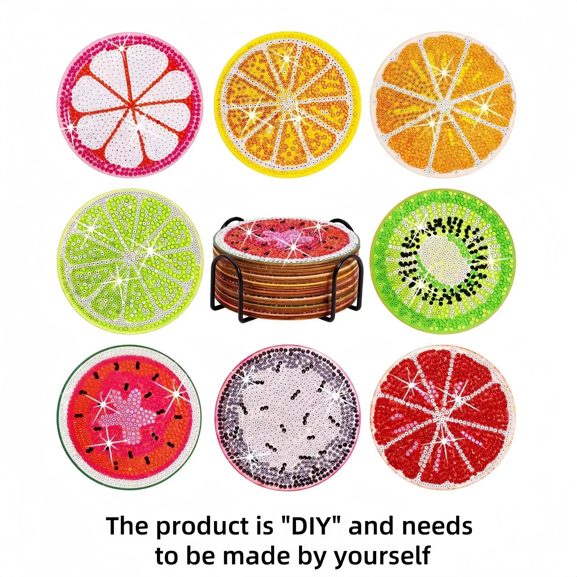 Artificial Diamond Art Coaster, 8 Counts/set Fruit Pattern DIY Diamond Arts Colorful Painting Coaster with Stand, Diy Decorative Craft for Home Office
