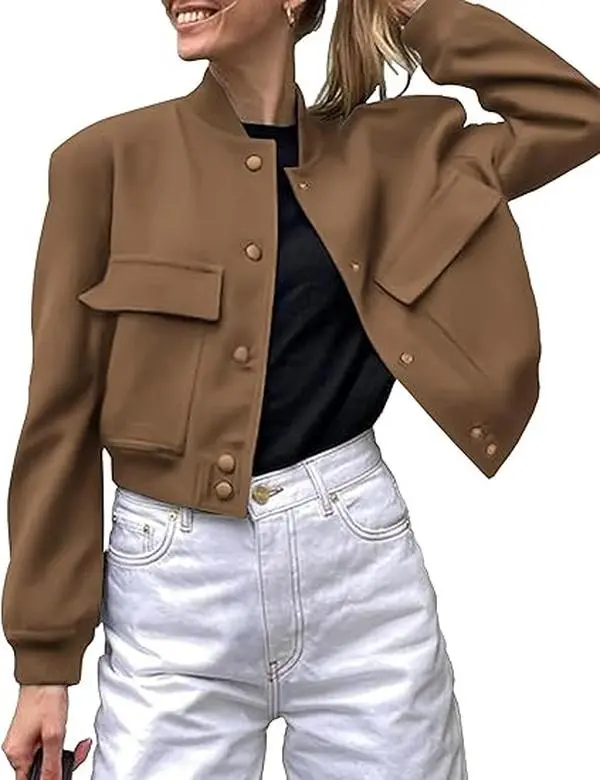 Zeagoo Women Bomber Jacket Casual Button Down Varsity Jackets Shackets With Pockets Outwear summerwins
