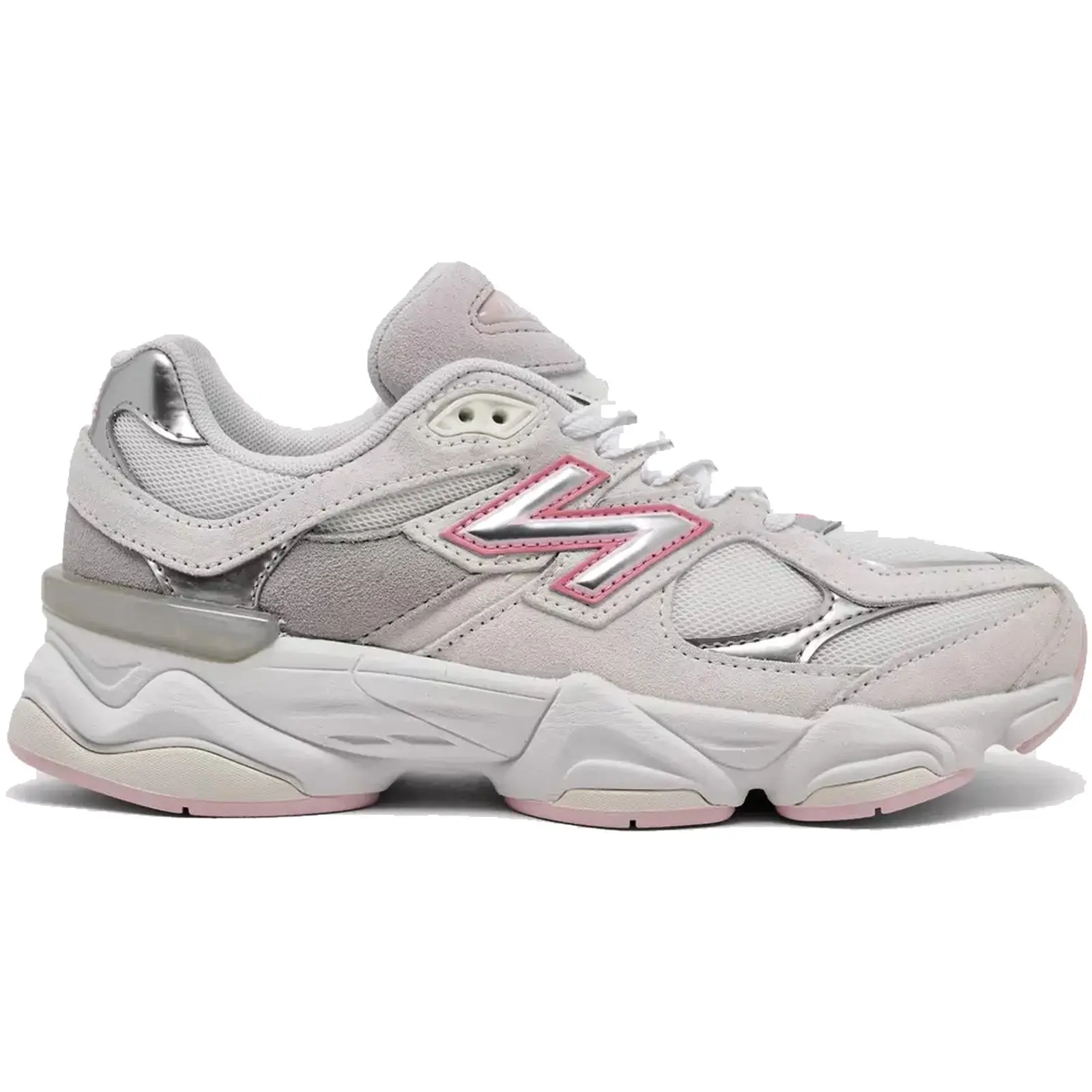 New Balance 9060 Chunky Trainers, Unisex Streetwear-Inspired Athletic Walking Shoes - Pink Metallic Grey & White Silver, Sports Shoes, Runner, Fabric, Retro Style, 90S Look, Casual Wear, Chunky Sneaker, Metallic Accents, Running, Training, Footwear, Athle