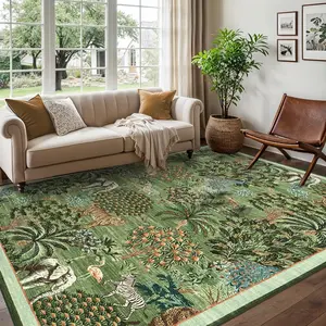 9x12 Runner Rug for Hallway, Washable Floral Throw Rug, Modern Jungle Animal Non Slip Indoor Mat, for Entryway, Laundry, Kitchen, Light Green