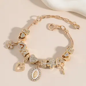 Rhinestone-Embellished Charm Bracelet — Featuring Heart, Flower, Key, Lock, and "God" Pendants;Sparkling Gold-Tone Charm Bracelet Fashion Jewelry
