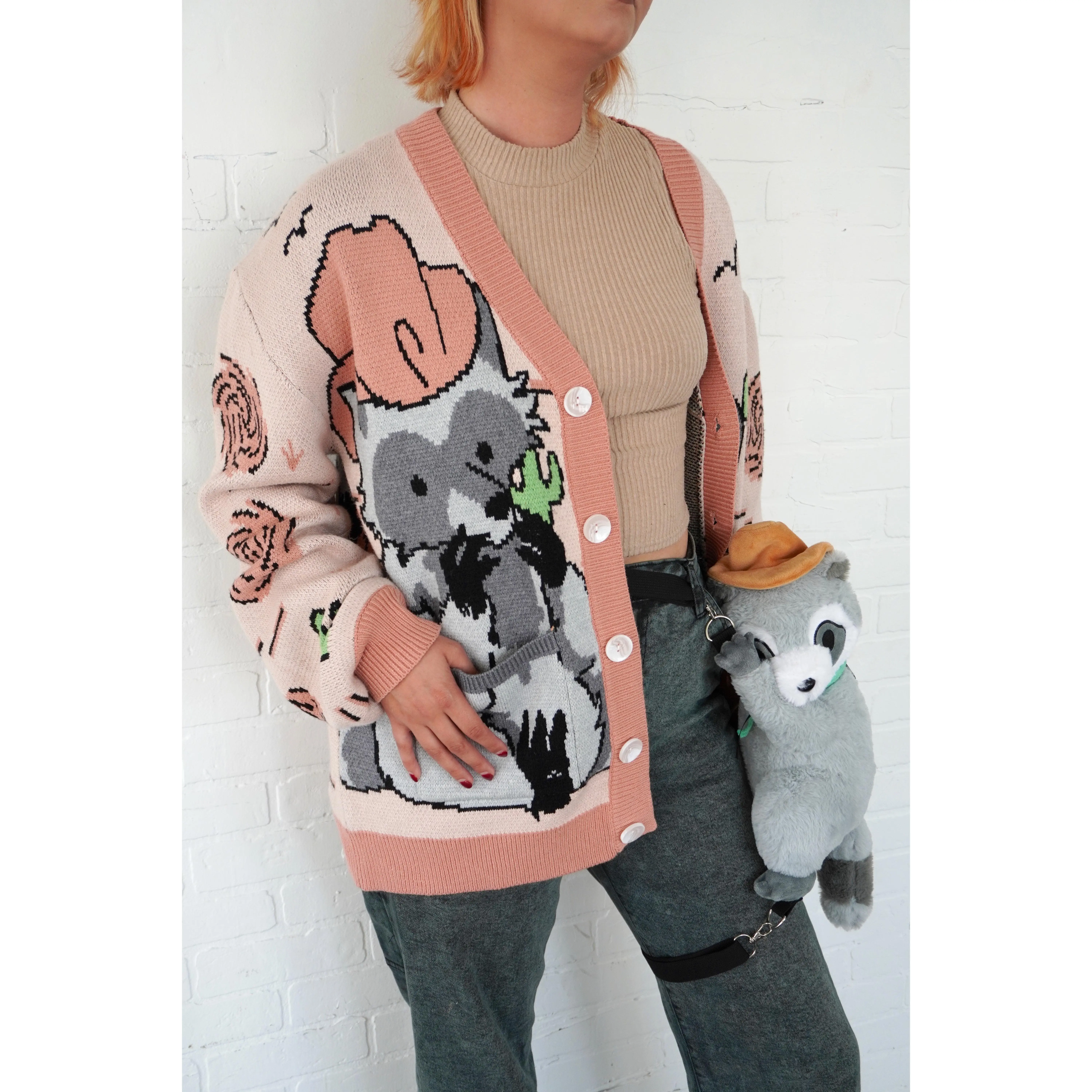Steady Hands Outlaw Knit Cardigan Beige Gray Raccoon Cowboy Bandit