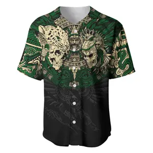Aztec Skull Baseball Jersey, Tribal Warrior Button Shirt, Mayan Inspired All Over Print Jersey, Gothic Streetwear for Men & Women