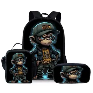Cool Cartoon Monkey Black Backpack Three-Piece Set, For Teenager, For Teenager