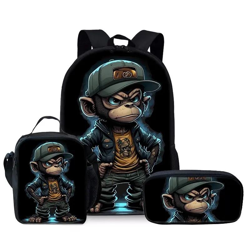 Cartoon Monkey 3-Piece Black Oxford Cloth Backpack Set - Retro Chic, Athletic Functional, for Teenagers, Ideal for School/Travel/Business Trips